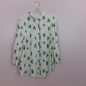 White Button Down Shirt with Cactus Print